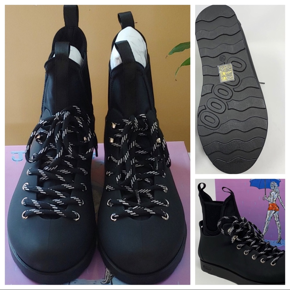 JEFFREY CAMPBELL ANKLE BOOTS LACE UP WATERPROOF BLACK BOOTIES A2C - Picture 5 of 12